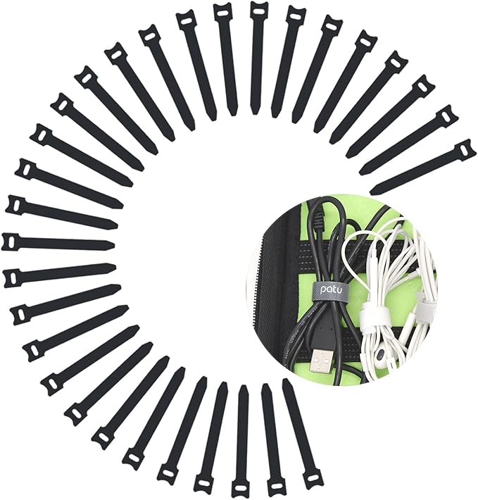 Patu Reusable Fastening Cable Ties - 30 Pcs 3 Inch Microfiber Cloth Hook and Loop Cord Management Wire Organizer Straps, Black