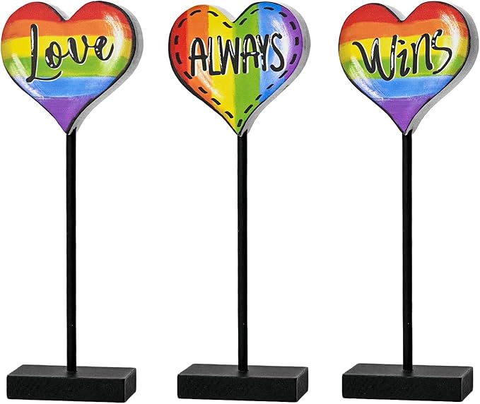 Smile LGBTQ+ Pride Wooden Tabletop Sign Love Always Wins Rainbow Heart Desktop Plaque with Stands Indoor Decor for Pride Month, Home & Office Gay Pride Gift