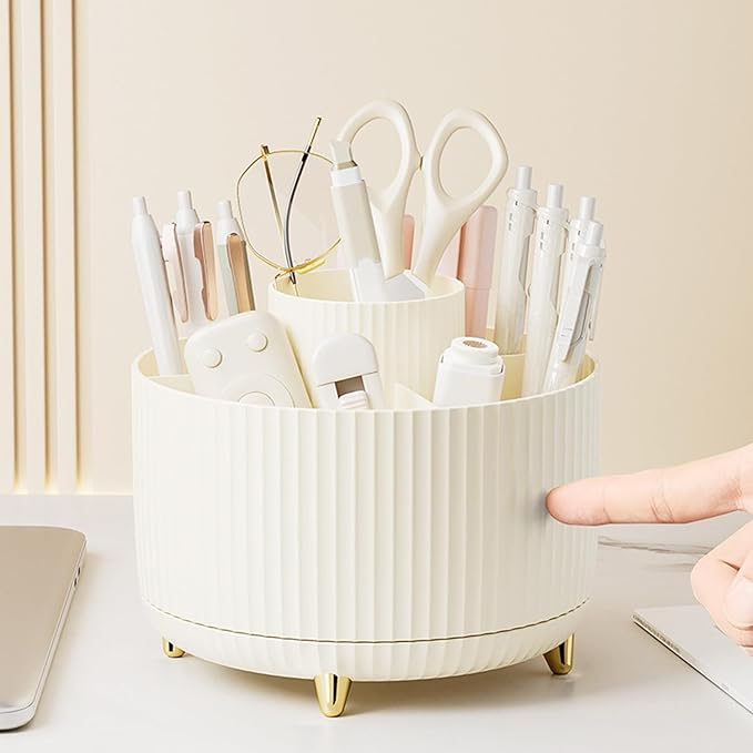 Desk Pencil Pen Holder 5 Slots 360°Degree Rotating Pen Organizers for Desk Desktop Storage Stationery Supplies Organizer Cute Cup Pot Kids Desk Organizer for Office Home School（Cream2）