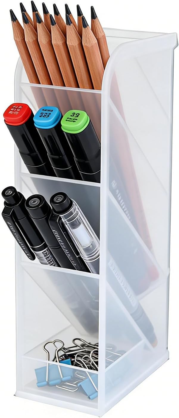 Tissting Pen Holder for Desk, 4 Compartment Pencil Organizer Tiered Vanity Countertop Makeup Brush Desktop Storage Rack, Plastic Angled Storage Organizer for Pen Makeup Brush(Transparent)