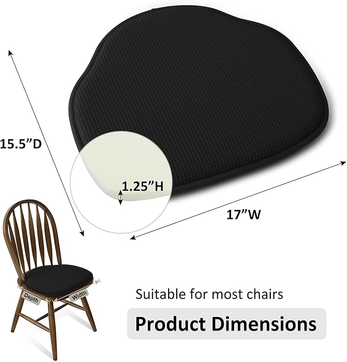 Shinnwa Windsor Chair Cushions 4 Pack, Non Slip Chair Pads for Dining Room, Farmhouse Kitchen Seat Cushion, Set of 4, 17 x 15.5 inches, Black