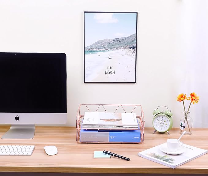TQVAI 2 Packs Desktop File Organizer Metal Stackable Horizontal Letter Tray Paper Holder Rack,Paper Sorter Desk Organizer for Office/Home/Classroom/School,Rose Gold