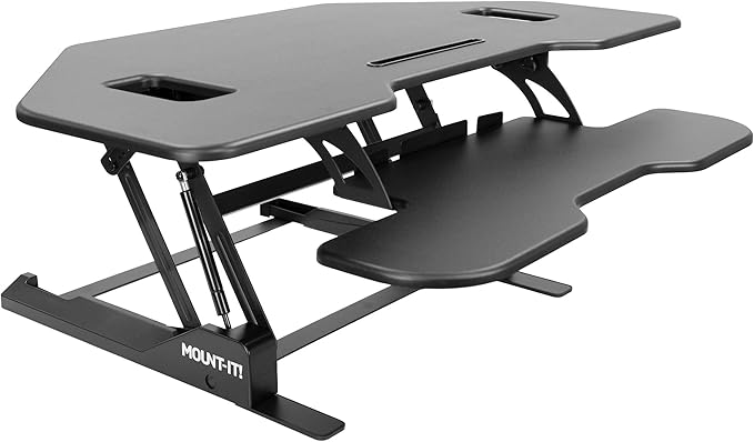 Mount-It! Corner Standing Desk Converter Height Adjustable 43” Wide Desktop, Corner Stand Up Desk with Gas Spring Lift Asssit, Stand Up Computer Workstation with Ergonomic Keyboard Tray | Black