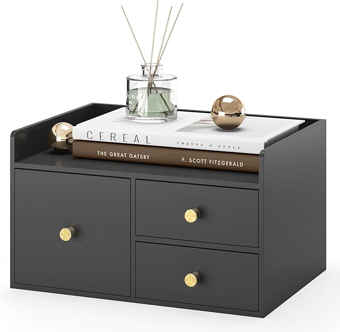 Bamboo Desk Organizer with Drawers Wooden Desktop Storage Drawers for Bills Office Supplies Kitchen Utensils Organizing Tool for Home Classroom Organization No Assembly (Black, 3 Drawer)