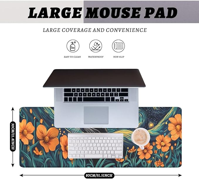 Cat Desk Pad Mouse Pad Mystic Starry Night Floral Modern Art Extended Gaming Mouse Pad Mat with Stitched Edge Non-Slip Base Big Mousepad 31.5"x11.8"
