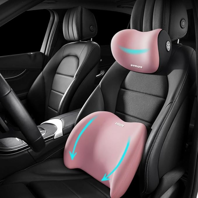 Car Lumbar Support Pillow and Car Neck Pillow Kit, Ergonomic Car Seat Headrest & Lumbar Cushion with Adjustable Strap for Neck Back Pain Relief, for Office Chair/Truck/Wheelchair (Pink)