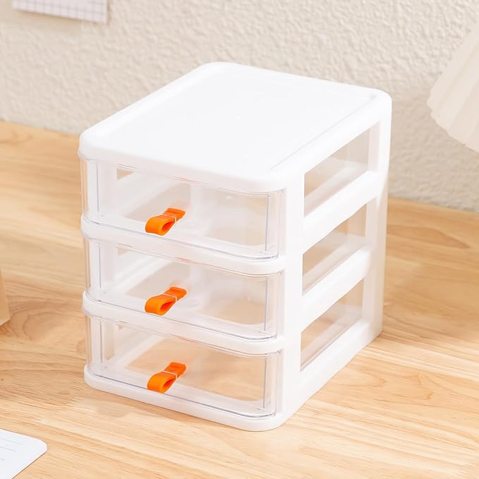 Gagee 3 Drawer Mini Desktop Unit,Plastic dressers with drawers for Arts and Crafts, Small Tools, Sewing Accessories, Stationary, and Hardware,Clear/White Frame