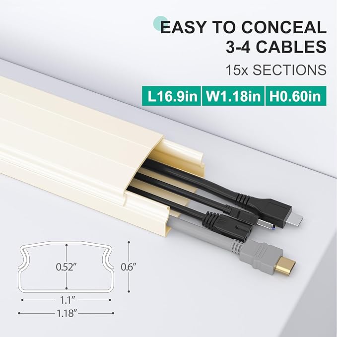 Delamu Cord Covers for 3-4 Wires on Wall, 254in Cable Hider Cord Hider, Large Wire Hider Wire Covers for Cords on Wall, Beige TV Cord Hider for Wall Mounted TV, 15x L16.9 W1.18 H0.6in, Beige