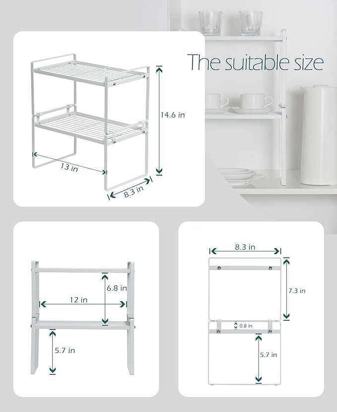 Shantton 2 Pack Kitchen Cabinet Shelf Counter Organizer Rack Pantry Storage Bathroom Bedroom Office Table Desk Space Saving Steel Frame Stackable Rust Resistant Non Slip White