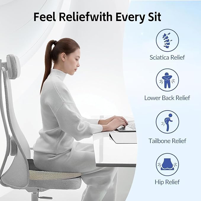 Seat Cushion for Tailbone Pain Relief, Memory Foam Coccyx Cushion for Office Chair & Car, Ergonomic Chair Pad with Non-Slip Cover & Handle, Sciatica Relief for Gaming Chair (Gray)