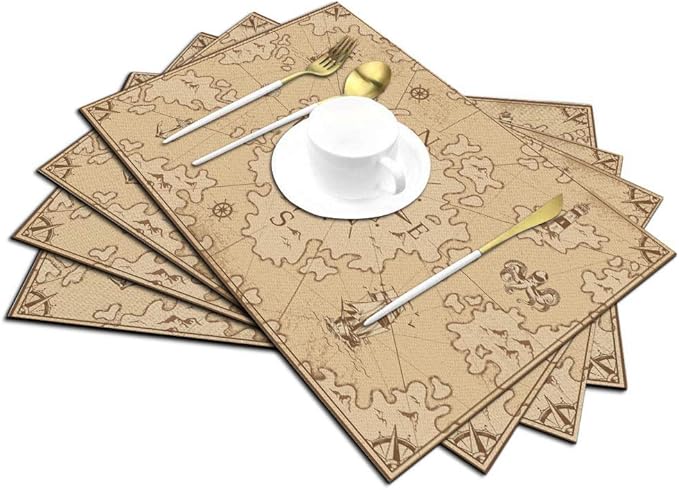 Placemats Set of 4, Nautical Island Map Vintage Placemats Heat Resistant for Dining Table Non-Slip 18x12 Inches