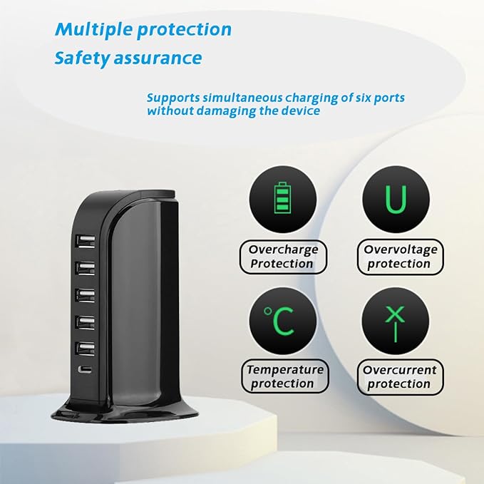 USB Charging Station for Multiple Devices, 40W Multiport Charger Tower, USB-C Port Supports PD Quick Charge Compatible with iPhone, Smartphones, Tablets and Other Devices (Black)