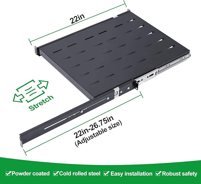 1U Sliding Shelf Tray 19in Mount Keyboard Shelf Tray, Adjustable Depth 22 to 26.75in Sliding Tray for Server Rack/Cabinet Steel Pull Out Drawer for Racks 250LB Weight Capacity(SLD-1U22-26.75)