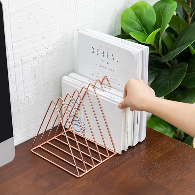 Sooyee 9 Slot Rose Gold Magazine Holder, Desktop File Sorter Organizer Triangle Bookshelf Decor for Home Office, 10.2" L x 7" W x 6.9" H, Iron Wire