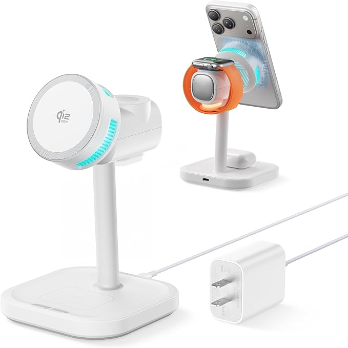 2026 New 25W Qi2.2 4-in-1 Charging Station with TEC Active Cooling and Night Light,Magnetic Fast Wireless Charger Stand for MagSafe Charger,iPhone17/16/15/14/13/12,Apple Watch,AirPods|Adapter Included