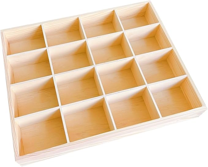 1 Pcs 13.4''x10.6''x2'' Wooden Storage Divider Box Showcase Display Organization Tray Display Holder Tabletop Box with 16 Compartments for Home Craft Office Kitchen Storage