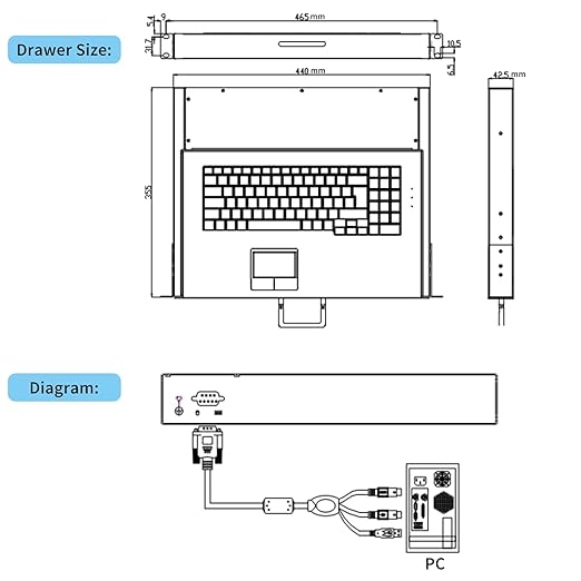 1U Rackmount Keyboard with Touchpad, USB/PS2 Connection, 99-Key Keyboard Drawer, Metal Rack Mount Tray for 19" Server Rack, Hot-Pluggable Design, Space-Saving 1U Steel Build, Durable Construction