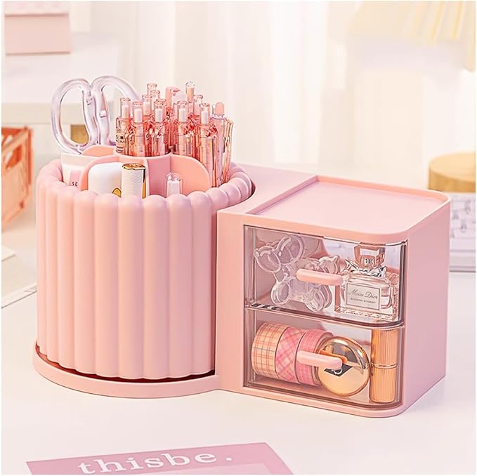 360 Rotating Makeup Organizer Countertop with 2 Drawers, Makeup Brush Holder, Small Preppy Organizer, 9.25x5.11 Inch, Pink