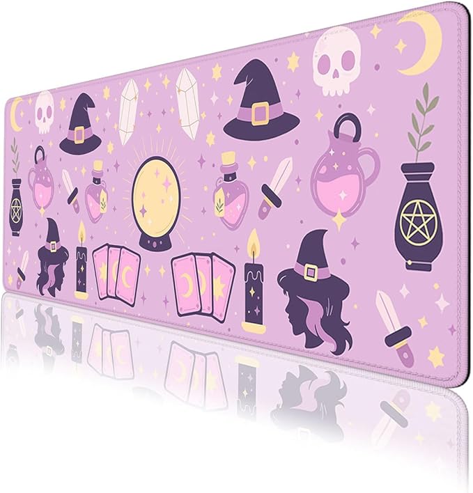 Cute Witch Desk Pad Mouse Pad Purple Cartoon Boho Magic Tarot Large Gaming Mouse Mat with Stitched Edges,Non-Slip Waterproof Rubber Base Mous Mat 31.5"x11.8"