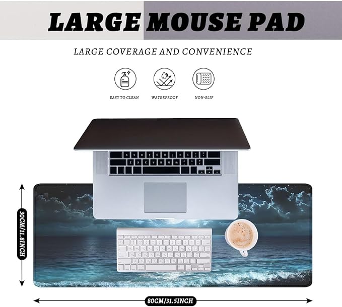 Night Beach Gaming Mouse Pad Moonlit Ocean Mystic Sea Large Gaming Mouse Mat with Stitched Edges,Non-Slip Waterproof Rubber Base Mous Mat 31.5"x11.8"