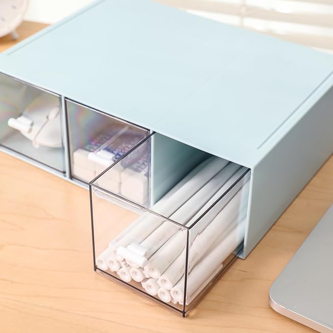 MILULUGO Plastic 3 Drawer Organizer for Cosmetic Storage, Desk Organizer, Makeup Organizer for nail polish, Lipstick, Brushes, Jewelry, Skincare, Bathroom Organization Boxes - Blue