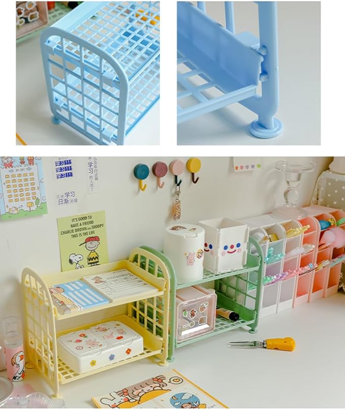 UnnFiko 2-Layers Table Shelf Organizer, Adjustable Plastic Storage Rack Shelf Square Basket Desk Stand Table Storage Organizer Shelves (Blue)