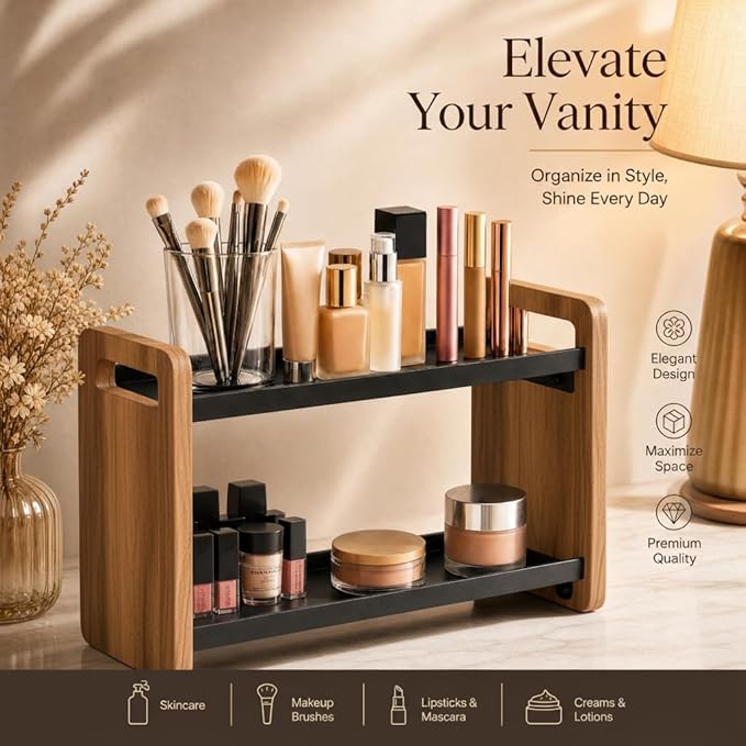 Narrow Solid Wood Bathroom Counter Organizer, Space-Saving Bathroom Storage Rack for Vanity, Multi-Purpose Kitchen Spice Rack & Bedroom Makeup Organizer(Acacia, 3 Tier)