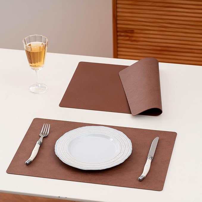 Placemats Set of 4 - Faux Leather 100% Waterproof Oil-Proof Wipeable PU Place Mats, Heat Resistant Reversible Table Mats for Kitchen, Dining, Outdoor (Reddish Brown)