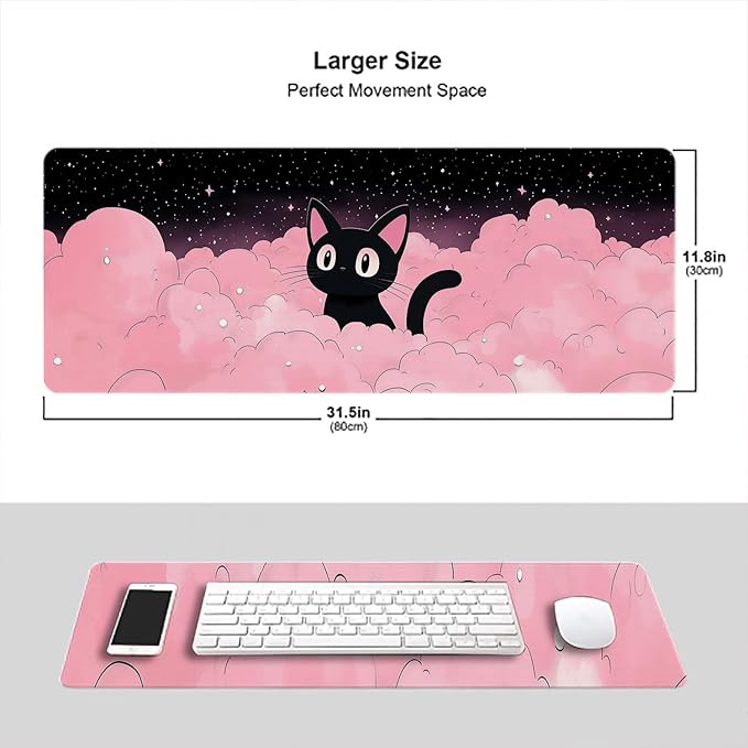 Cute Black Cat Gaming Mouse Pad Cartoon Galaxy Pink Clouds Kawaii Mousepad Extended Large Laptop Keyboard Non-Slip Rubber Base with Stitched Edges for Home 31.5x11.8 Inch