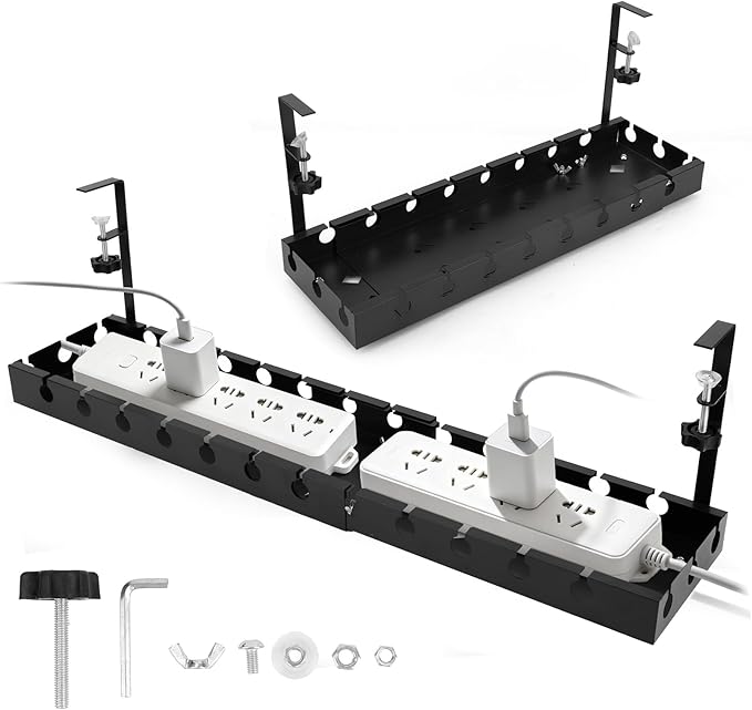 Cable Management Tray Under Desk, 43-74cm/16.9-29.13in Carbon Steel No Drill Wire Cord Organizer with Clamp & Screws Mount Retractable Cable Tray for Office Home PC Wire Management Rack (Gun Gray)