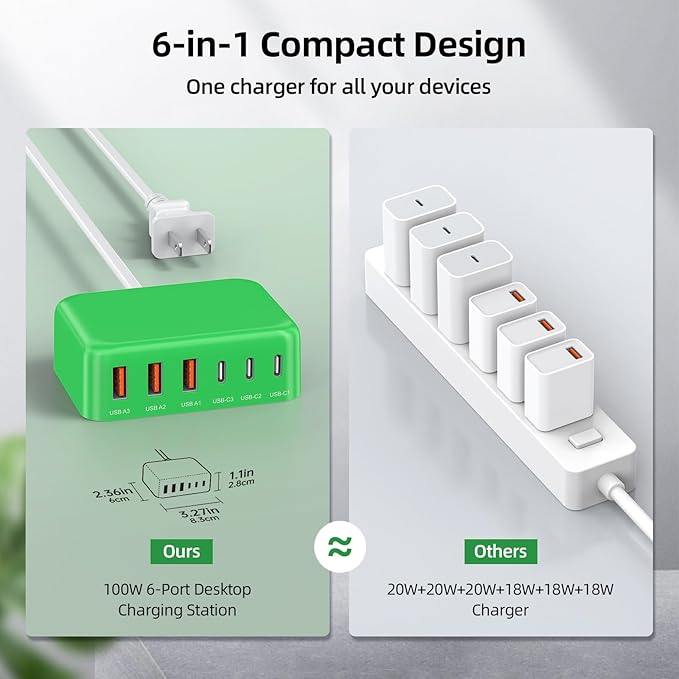 6 in 1 USB Charger, Charging Station for Multiple Devices, 100W Fast Charging Blocks with Type C Ports, USB Charging Hub Organizer Multiport Power Strip for iPhone, Ipad, Kindle, Travel Accessories