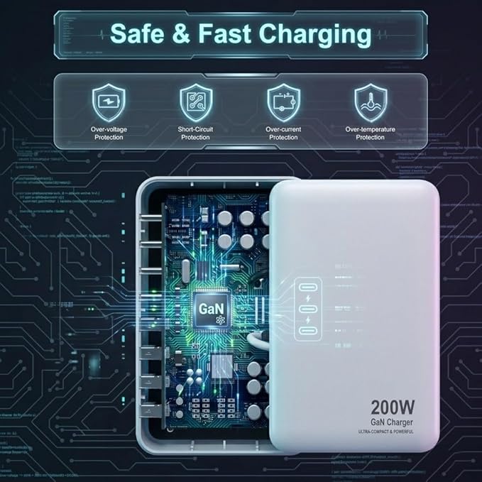 200W USB C Charger USB C Charger Block,Upgraded GaN III 8-Port Fast Charging Station Hub,PD 65W Laptop Charging Adapter Compatible with MacBook Pro/Air,DELL,Steam Deck,iPhone 16/15/14,Galaxy S23/22