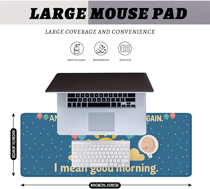 Funny Morning Desk Pad Mouse Pad Cartoon Cute Sun Cloud Stars Extended Gaming Mouse Pad Mat with Stitched Edge Non-Slip Base Big Mousepad 31.5"x11.8"