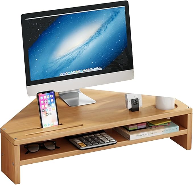 YANBI Corner Monitor Stand Office Triangle Tabletop Monitor Riser, Double-Layer Wood Corner Monitor Stand Screen Holder, Universal Computer Stand Riser with Storage (Color : Natural), 66666