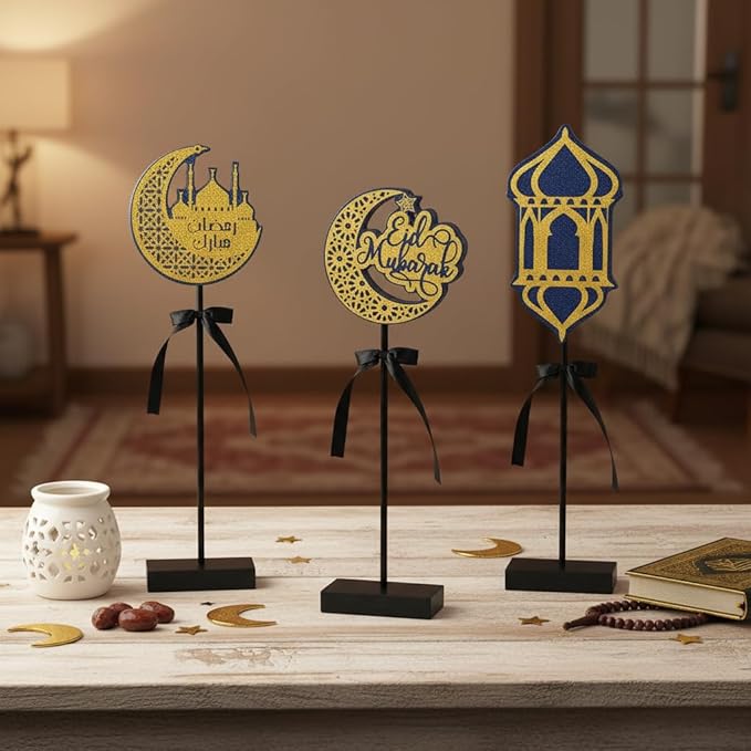 Smile Ramadan Wooden Decorations Eid Mubarak, Islamic Ramadan Tiered Tray Decor for Muslim Party Tabletop Decor Home