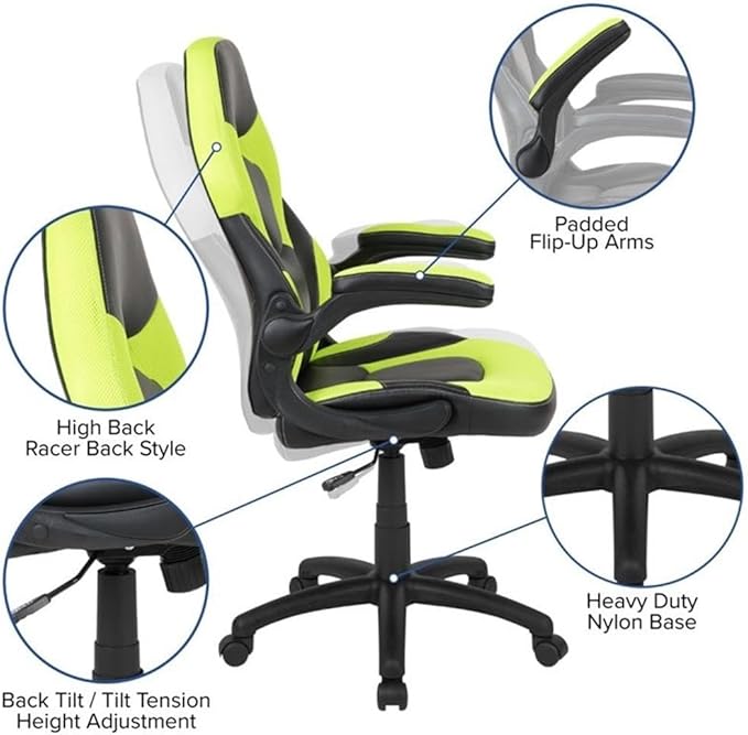 BOWERY HILL 2 Piece Gaming Desk Set, Z-Frame Red and Green Finish, Black Laminate Top, Includes Ergonomic High Back Chair with LeatherSoft Upholstery, Cable Management, Cup Holder, Dual Monitor