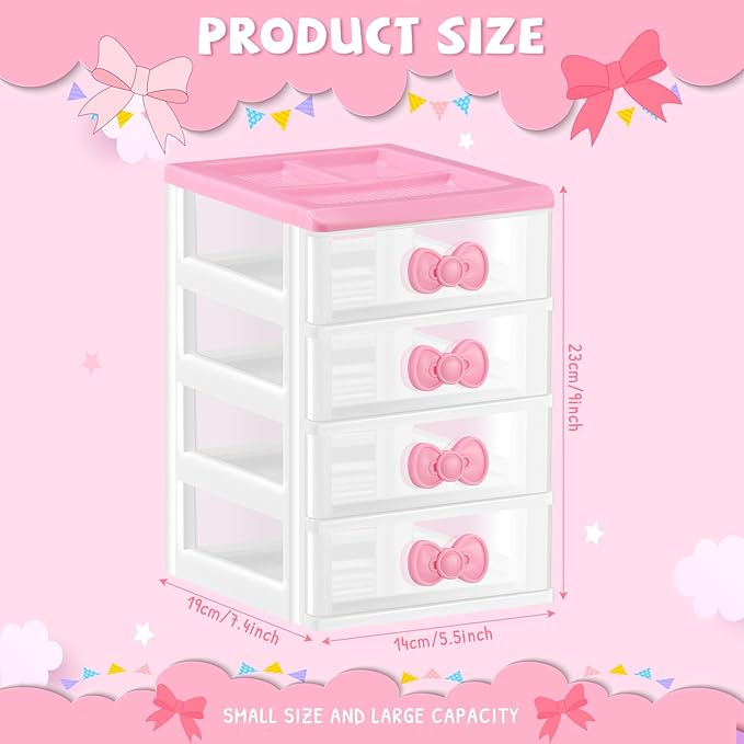 Tatuo Lovely Receiving Storage Cabinets Kawaii Makeup Organizer with 4 Layers Cute Storage Cabinet Box with Bow Handle Plastic Desktop Storage Box for Home Bedroom Bathroom Women Gifts(Clear)