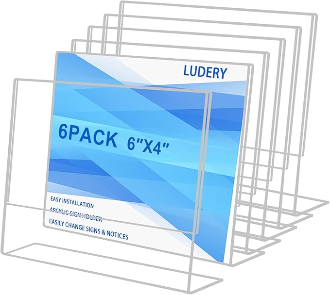 6 Pack Acrylic Sign Holder 4x6 for Picture Frames,Slanted Back Acrylic Sign Holders for Business & Store,Plastic Sign Holder,Menu Holder, Table Sign Holder for Office, Home, Store, Restaurant- Horizontal
