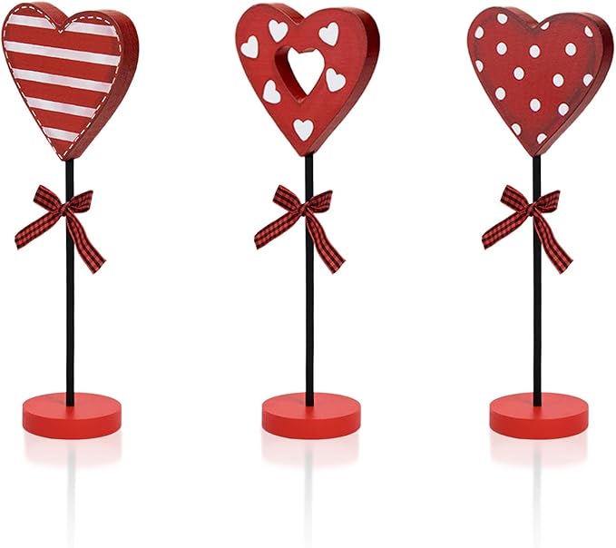 Smile Valentine's Day Heart - Shaped Wooden Table Decor Set with Red Bases & Ribbon Accents, Valentine Indoor Decoration