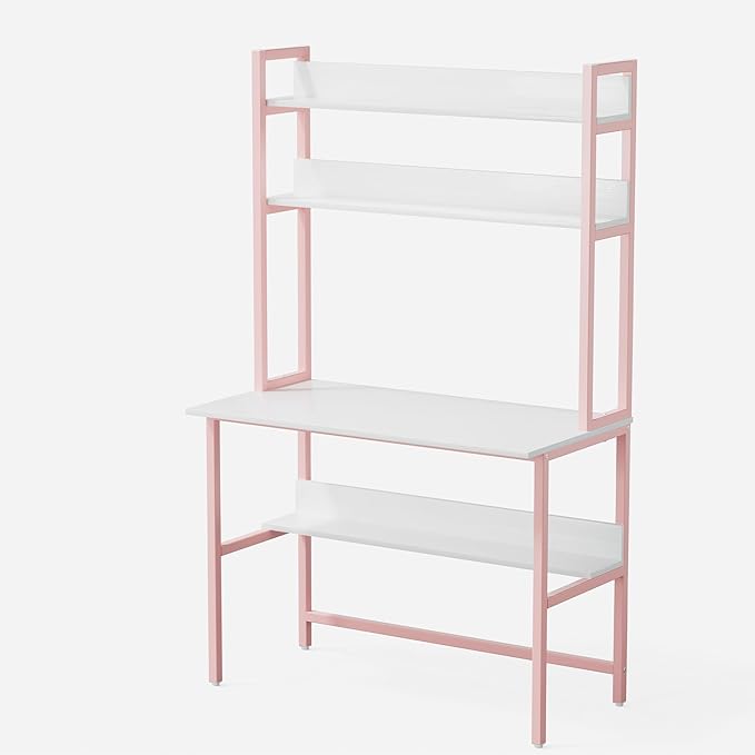 Aquzee Girls Desk with Hutch, 40“W x 19.6" D Computer Desk with Shelves, Tall Home Office Desk with Bookshelf, Metal Legs Study Table with Upper Storage Shelf for Study Writing/Workstation, Pink