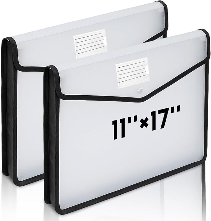 AmazingSpark 2 Pcs 11 x 17 Inch Expandable Tabloid Size Document Folder Organizers with Snap Closure & Label, Clear Plastic Expanding File Folder for A3 Ledger Size Plots Charts (Black)
