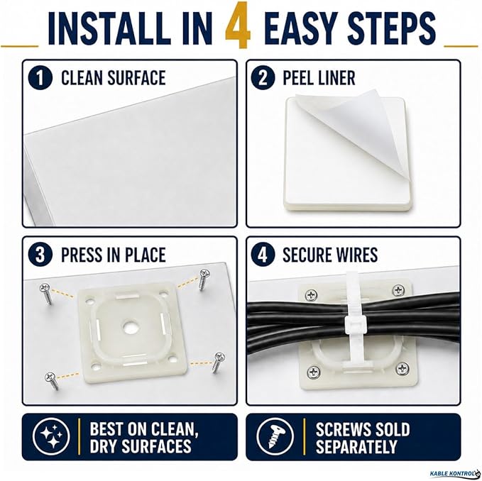 Kable Kontrol Zip Tie Mounts, 1-1/2” Sq, Natural White, 100 Pcs, Adhesive Backed Multi-Purpose Mounting Squares Nylon Cable Tie Wrap Anchor Pads for Cable Management