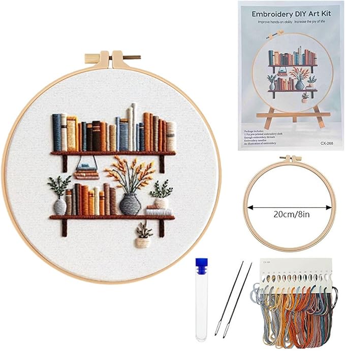 BLMRME 3 Pack Embroidery Kit for Beginners, Stamped Floral & Book Pattern Embroidery Kit, DIY Needlepoint Starter Kit with Instructions, Complete Set for Adults, Home Office Decor
