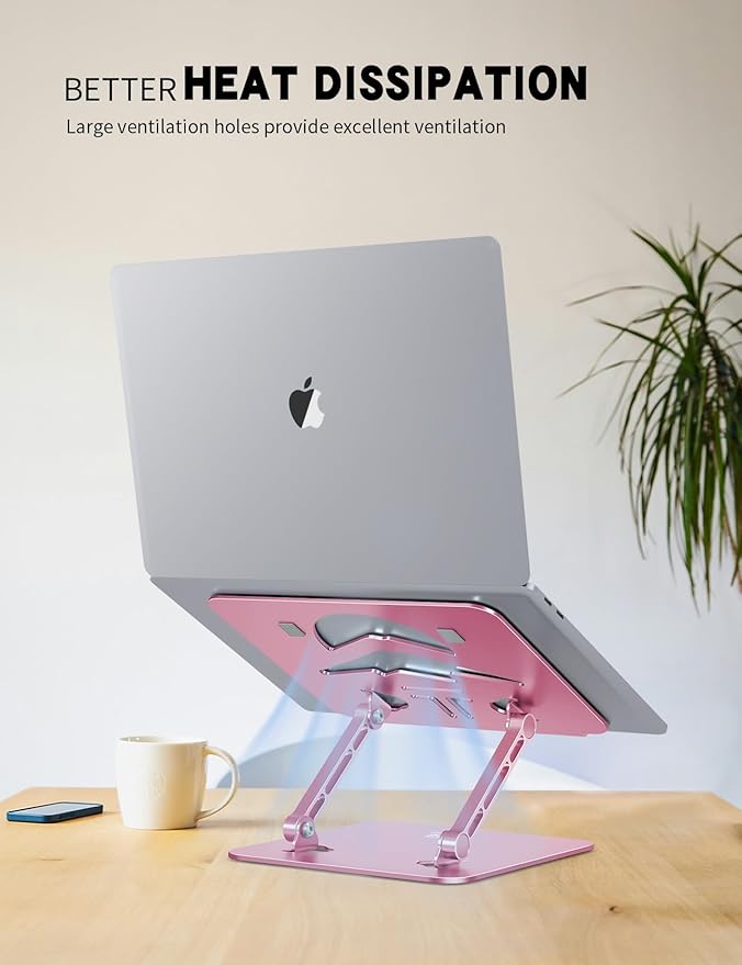 Laptop Stand Adjustable Laptop Holder for Desk, Foldable Laptop Riser Portable Computer Stand Compatible with MacBook, Lenovo, HP and All Laptops up to 16 inches Puce Pink