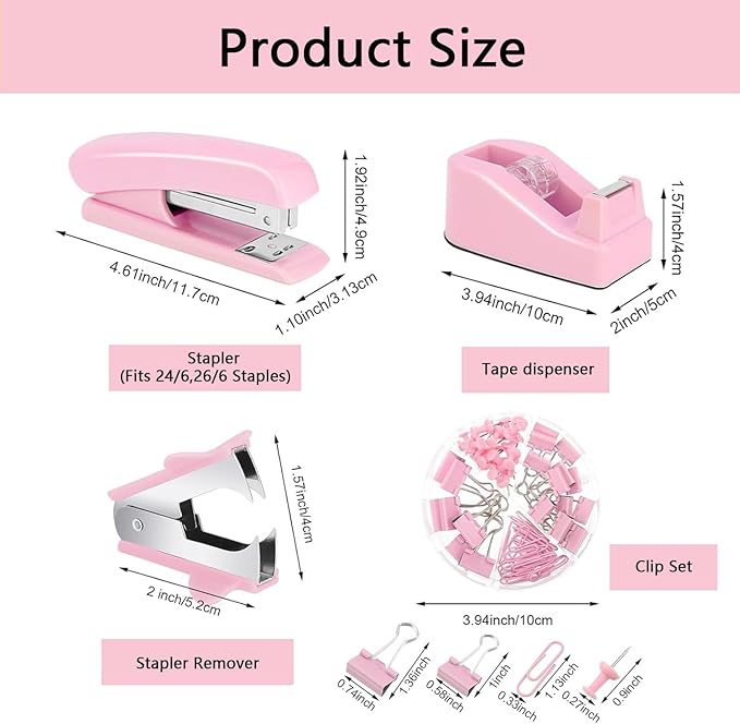 Office Supplies,Pink Desk Accessories,Office Supplies Set,Stapler and Tape Dispenser Set,Scissors,Staple Remover,Binder Clips,Staples,Ballpoint Pen,Index Tabs with Ruler,Clear Tape.9pcs for Office
