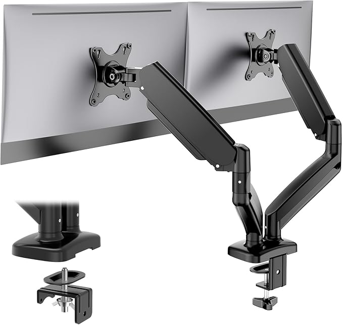 DUMOS Set of 2 Dual Monitor Stand for Desk, Gas Spring Monitor Arm for 2 Monitors Max 32 Inches, Fully Adjustable Double Monitor Mount, VESA Mount with C-Clamp/Grommet Base, Holds Screen 17.6 lbs