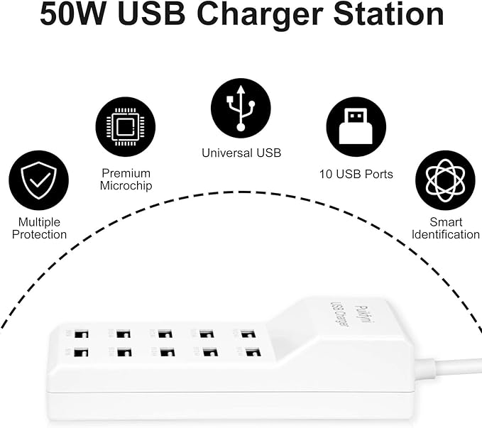 Puikfni 10-Port USB Charger Station with Rapid Charging Auto Detect Technology Safety Guaranteed, 10-Type A Ports Smart for Multiple Devices Phone Tablet Laptop Computer (White)