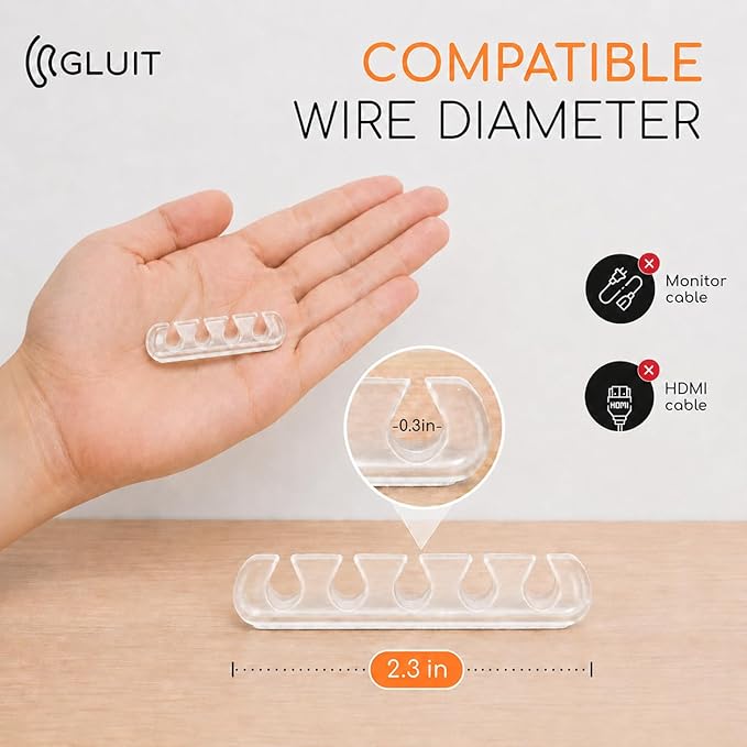 GLUIT Cord Organizer for Desk, Cable Holder for Nightstand, Charger Organizer, Adhesive Desktop Wire Clips, Multislot Cable Management, Table Organizer Accessories - 5 Pack, 15 Slots, Transparent