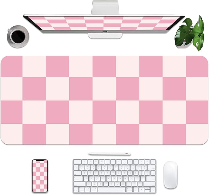 BLESWIN Large Desk Mat with PU Leather 35.4" x 15.7", Non-Slip Office Desk Pad, Waterproof Desk Writing Pad for Office and Home (Pink Plaid, 35.4 x 15.7 in)