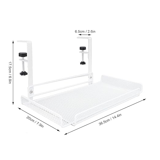 Under Desk Cable Management Tray, 14.4 x 7.9 x 6.9 Inch Large Cpacity Metal Mesh Desk Cable Tray with Clamp Mount No Drill Carbon Steel Desk Cable Organizer for Home Office (White)